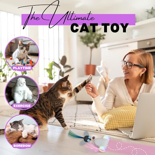 Rolling Rover – Interactive Cat Toy with RGB Wheels, Automatic Moving Mouse-Shaped Design, Feather Butterfly and Bell Attachments, Smart Motion Activated for Indoor Cats & Kittens (Pink)