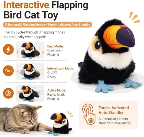Flapping Bird Cat Toy, Toucan Plush Touch Activated Bird Chirp Cat Toy with Refillable Catnip, USB Rechargeable Interactive Kitten Exercise Toy,4.92"(No Flying)