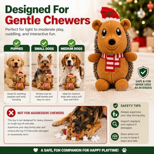 Christmas Hedgehog Squeaky Dog Toy for Small & Medium Dogs, Soft Plush Stuffed Puppy Toy with Built-In Squeaker, Interactive Indoor Play Toy for Gentle Chewers, Machine Washable Holiday Dog Gift