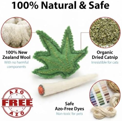 Glaciart One Catnip Joint & Leaf Cat Toy Set | Crack for Funny Kittens, Stimulating Toys for Boredom, Exercise & Play | Filled w/Organic Catnip to Excite/Calm Kitty | Organic Idea