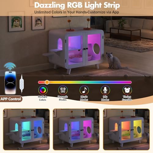 Polibi Retro TV-Shaped Cat Cabinet with RGB Smart Lighting & Pom-Pom Toys, Litter Leak Walkway & Dual Glass Doors, Multi-Functional Cat Furniture for Indoor Cats, Living Room, White