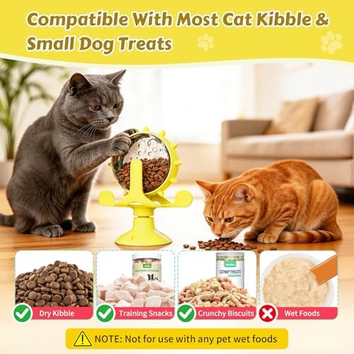 Cat Food Treat Dispenser Toy Interactive with 360°Rotating Windmill Suction Cup for Indoor Cats, Kittens & Small Dogs Slow Feeder Snack Exercise & Distribution Wheel Toy