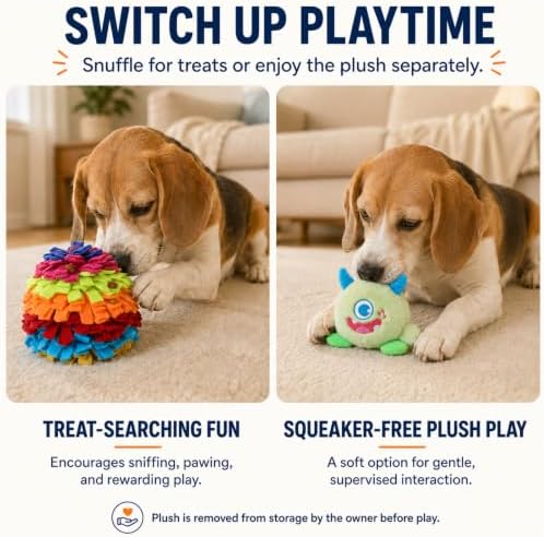 2-in-1 Snuffle Ball for Dogs with Removable Plush Toy and Built-in Storage, Interactive Dog Puzzle Toy for Treat Hiding & Slow Feeding, Machine Washable Dog Enrichment Set
