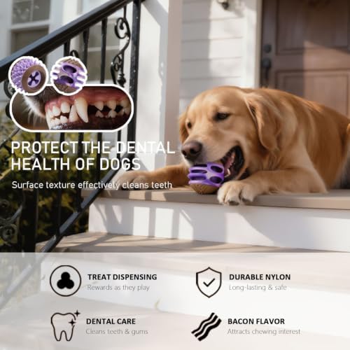 MECOOL 2PCS Durable Dog Chew Toys, Squeaky Chew Ball & Treat Dispensing Toy, Tough Nylon Ends & Natural Rubber for Aggressive Chewers, Interactive Puzzle Toys for All Breed Dogs,Bacon Flavored,Purple