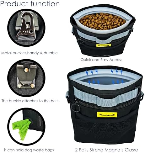 Raisingwell Dog Treat Pouch with Magnetic Closure 4-Cup Silicone Bag Fanny Pack Holder with Clicker 4 Ways to Wear Front Pocket Fits All Phones Ideal for Leash, Pet Walking and Training（Black）