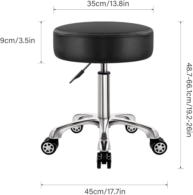 Heavy Duty Rolling Stool with Wheels 360 Swivel Adjustable Rolling Stool Hydraulic Lift Thick Leather Seat Ergonomic Chair for Kitchen Drafting Lab Office Salon Massage Black