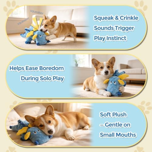 Multi-Squeaker Plush Dinosaur Dog Toy, 6 Squeakers and Crinkle Texture, Soft Interactive Toy for Fetch, Carrying and Cuddling, Blue, Medium
