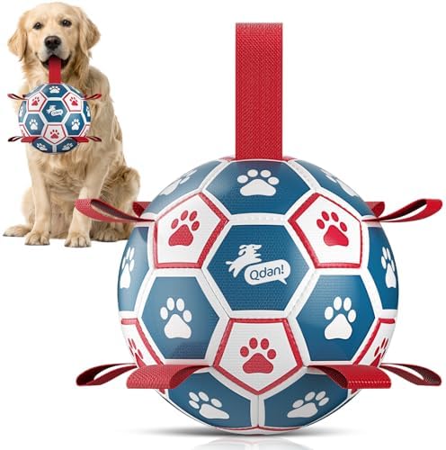 QDAN Dog Toys Soccer Ball with Straps：Durable Balls for Large Dogs, Outdoor Dog Toys, Puppy Birthday Gifts (7 Inch)