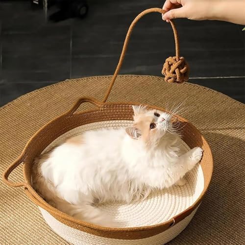 Handwoven Cat Basket with Hanging Ball Toy, Scratchable Cat Lounger Basket for Sleeping, Playing and Relaxing, Cotton Rope Cat Bed Basket with Cat Ear Handles (Gray+Mat,S)