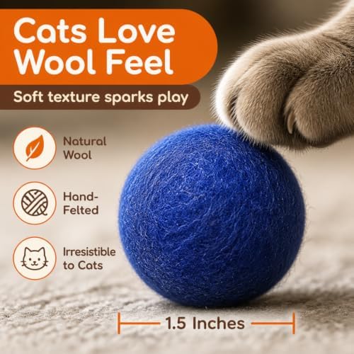 Wool Cat Toys - Felt Cat Toy Balls for Small Pet Fetch and Play - Eco Friendly Quiet Wool Ball Cat Toy for Cats and Kittens - Choose Your Colors 6PCS Blue