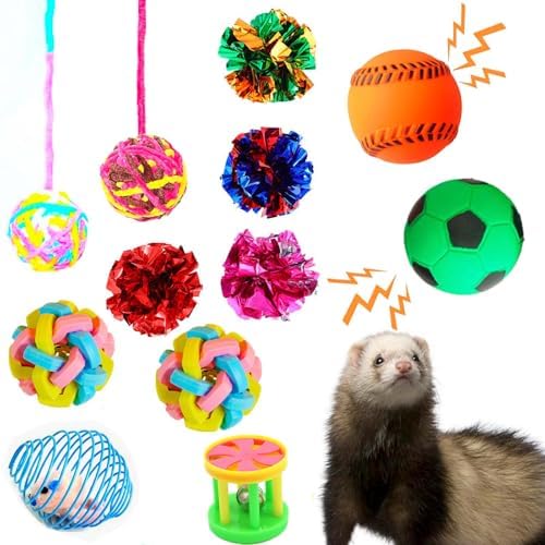 12 pcs Ferret Squeaky Toy Balls Squeaker Toys Teething Colorful Bouncy Rubber Bell Balls Mylar Crinkle Interactive Sound Toy Exercise Scratch Chew Toys for Ferrets Pet Cat Dogs