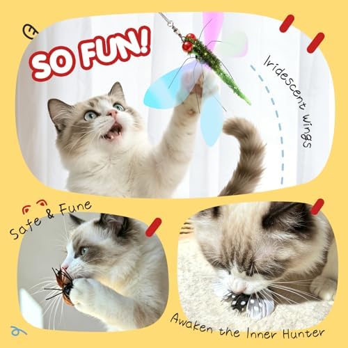 SONGWAY Cat Toy Wand Attachments - 6 Pieces Realistic Cat Bug Toy, Cat Feather Toy Refills, Interactive Flying Bug Dragonfly Cat Toys for Indoor Cats Kittens