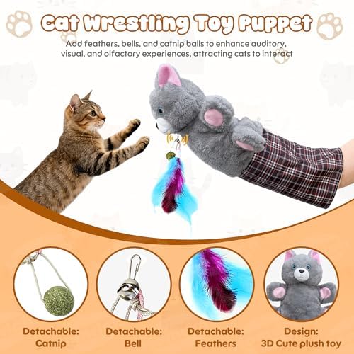 Interactive Cat Wrestling Glove with Catnip & Feather, Hand Puppet Toy