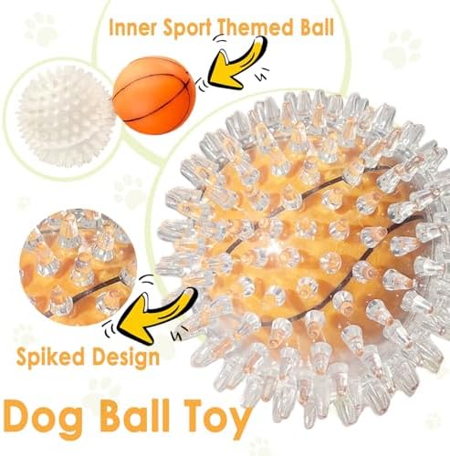 Squeaky Dog Toy Balls 4 Pack — Sports Themed Spiky Dog Balls for Medium Dogs, Durable PVC Dental Chew Balls for Cocker Spaniel Aussie Pitbull, Interactive Outdoor Toy
