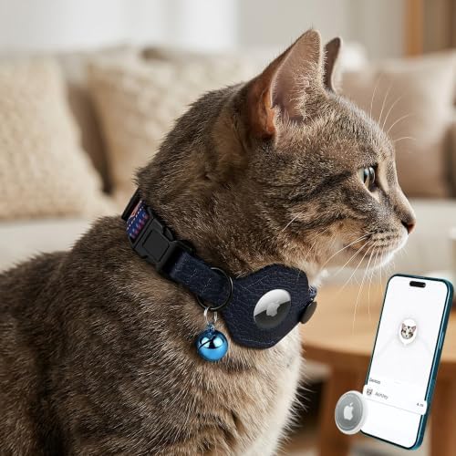 Breakaway Cat Collar with Leather AirTag Holder & Bell - Apple Air Tag Cat Collars for Girls & Boys, Lightweight Anti-Lost GPS Tracker Design, Printed Pattern - Safety and Adjustable (Navajo)