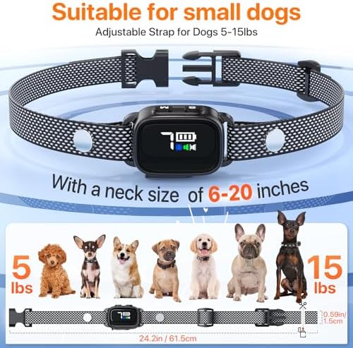 Bark Collar for Small Dogs 5-15lbs, No Shock Automatic Anti Barking Rechargeable Smart Collar with 7 Adjustable Sensitivities, 3 Modes (Beep, Vibrate, Beep and Vibrate), IP67 Waterproof, Black