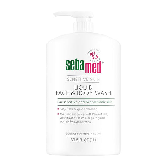 SEBAMED Liquid Face and Body Wash For Sensitive Skin pH 5.5 Mild Gentle Hydrating Cleanser Hypoallergenic Dermatologist Recommended 33.8 Fluid Ounces (1 Liter) For Healthier Smoother Skin