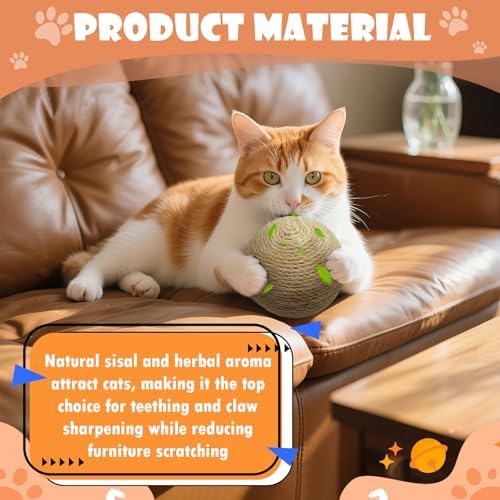 Sisal Cat Ball Toy, Large 6.3 inch Interactive Natural Cat Scratching Ball, Perfect Scratcher for Cats' Exercise and Fun