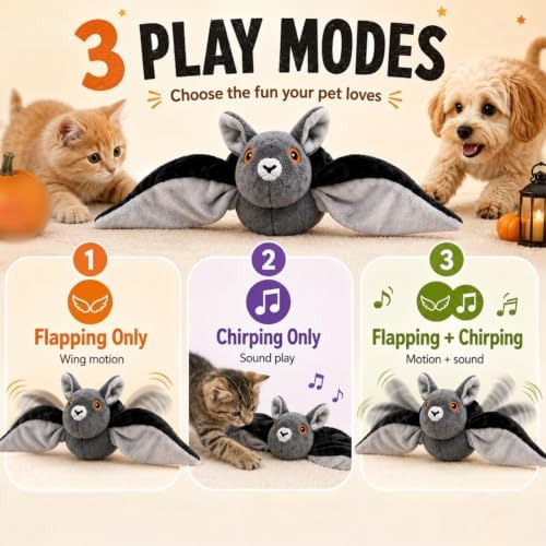 Flying Bat Dog Toy, Flapping Bat Dog Toy for Dogs & Cats, Flapping Wings Interactive Pet Toy with Chirping Sounds, Hanging and Ground Play with Detachable USB Rechargeable，1pcs