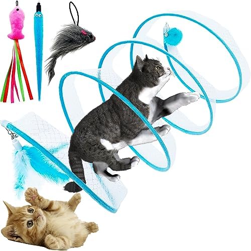 Self Play Cat Hunting Spiral Tunnel Toy, Folded Cat Spring Tunnel Toys for Indoor Cats (Blue)