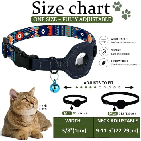 Breakaway Cat Collar with Leather AirTag Holder & Bell - Apple Air Tag Cat Collars for Girls & Boys, Lightweight Anti-Lost GPS Tracker Design, Printed Pattern - Safety and Adjustable (Navajo)