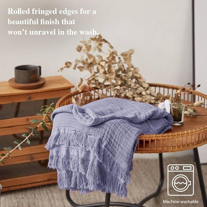 Simple&Opulence Cotton Muslin Throw Blanket for Bed, Couch, Knit Woven Gauze Blanket with Tassels, Soft Lightweight Cozy Pre-Washed Breathable Farmhouse Decoration for All-Season (Lavender)