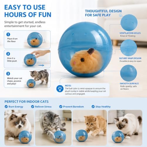 Electric Hamster Ball Cat Toy – Automatic Rolling Animal Pet Rolling Ball, Interactive Hamster Ball Cat Toy for Indoor Cats Exercise and Chase Play (Rabbit(Blue))