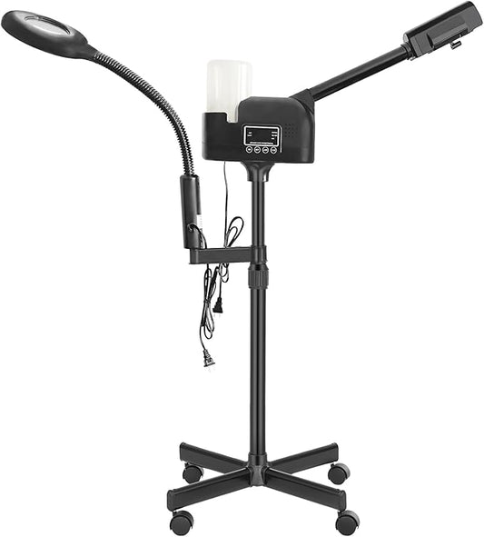 Professional Facial Steamer 2 in1 Steamer for Face 5X LED Magnifying Lamp Hot Ozone Facial Steamer for Esthetician Beauty Face Equipment Use at Home or Salon（Black）