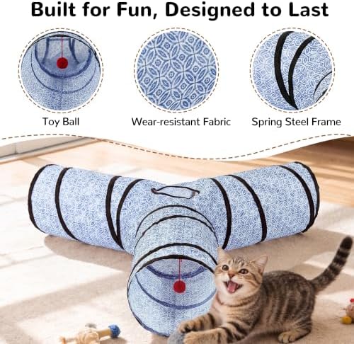 Tempcore Cat Tunnel, 3-Way Collapsible Toy, Large Size Blue Coin