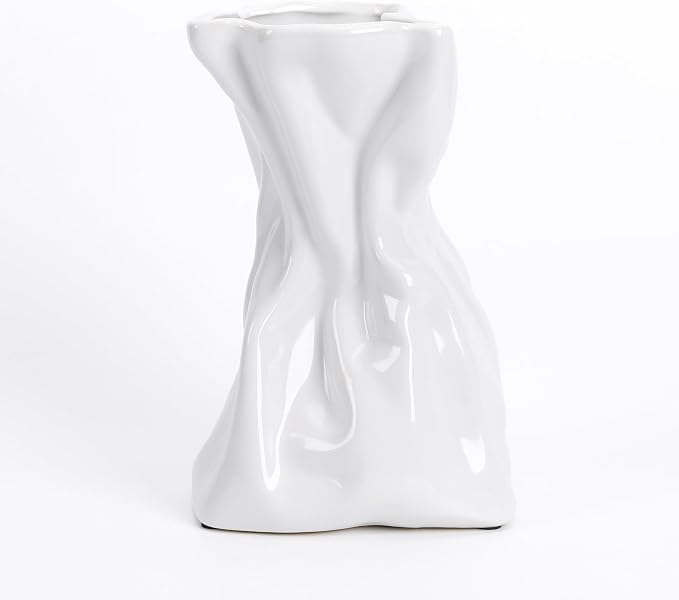 7.6 Inch Thick Crinkled Paper Bag Vase White Ceramic Vase for Home Decor, Unique Glossy Flower Vases for Dining Table, Shelves, Entryway, Living Room, Boho Decorative Vases for Flowers, Gift