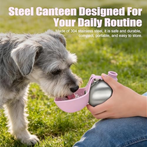 Portable Dog Water Bottle 10oz Stainless Steel Travel Dog Water Dispenser with Bowl No-Spill Puppy Water Bottle for Walking Hiking Small Dog Water Bottle
