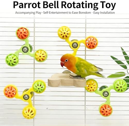Spinning Bird-Toys Bird Cage Toys & Bird Perch Parrot-Parakeet Budgie Cockatiel Conure Macaw Chicken Parrot Enrichment Cage Accessories Small Animal Chewing Toy (Yellow Spinner Bell)