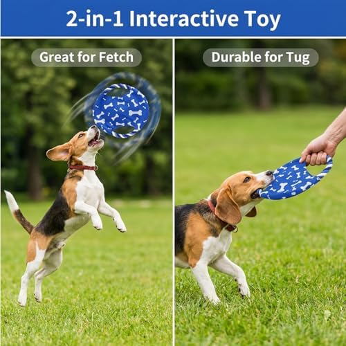 Dog Rope Flying Disc Toy with Squeaker | Durable Canvas Center & Braided Cotton Rope Ring | 2-in-1 Fetch & Tug Interactive Toy for Small & Medium Dogs | 9 Inch