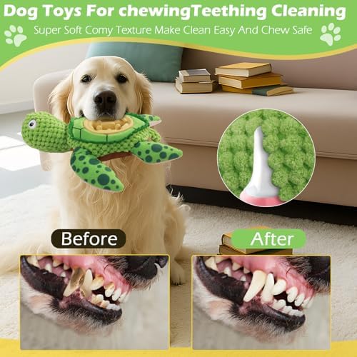 Interactive Dog Toy, Green Turtle Plush with Slow Feeder Bowl, Squeaky Chew Toy