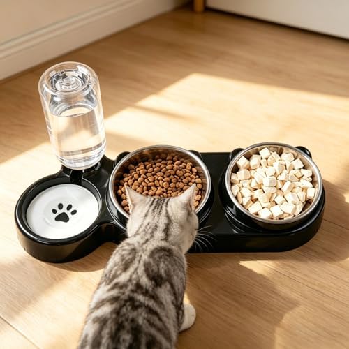 3 in 1 Cat Bowl, Cat Food and Water Bowl Set, Stainless Steel Cat Food Bowls Elevated with Tilted Design, 2 Pet Dish & Automatic Water Dispenser Feeding Station, Small or Medium Sized Dogs