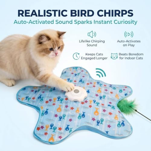 Automatic Interactive Cat Toy Hide and Seek Electric Toy with Feather Wand Bird Sounds Touch Activated USB Rechargeable Play Mat for Indoor Cats Self Play Exercise for Kittens and Cats