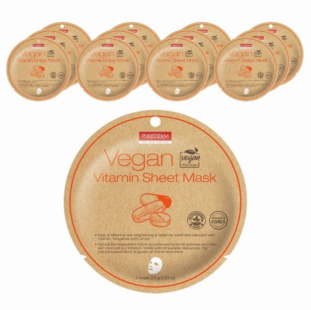 Purederm Vegan Vitamin Sheet Masks (12 Packs) – Facial Sheet Mask for Brightening & radiance Treatment