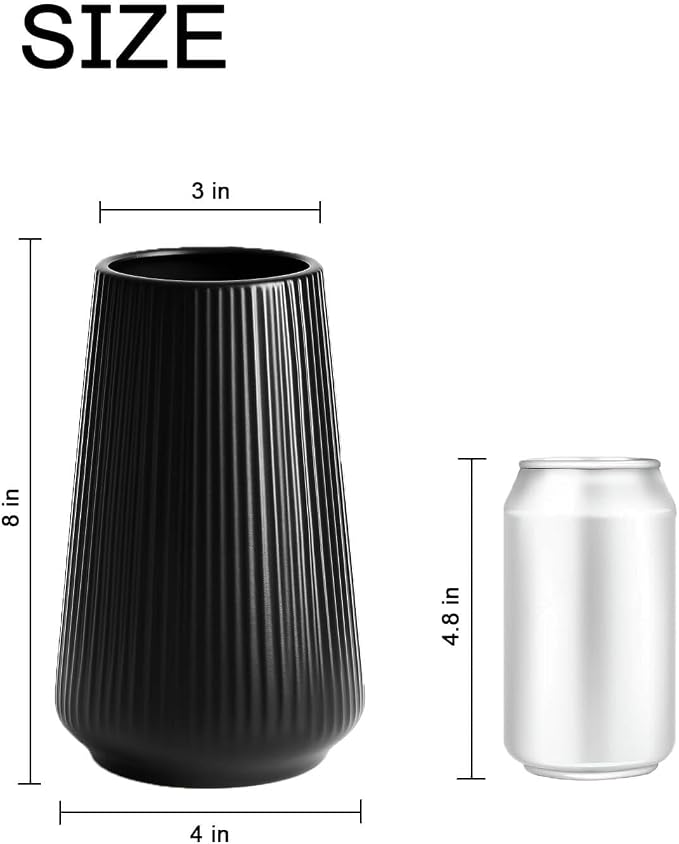 Black Ceramic Vase, 8 Inch Flower Vase for Pampas Grass, Modern Ribbed Decorative Vase with Narrow Opening for Living Room Table, Shelf Decor