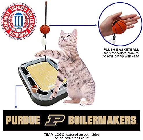 NCAA Purdue Boilermakers Basketball Court Felt Cat Scratcher Toy - 6-in-1 Interactive Cat Ball Bell & Wand with Catnip-Filled Plush Basketball