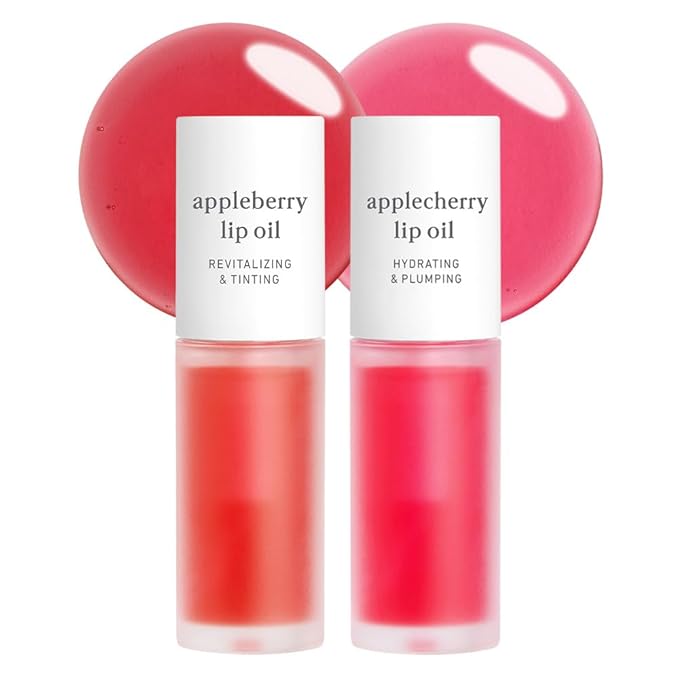 NOONI Korean Lip Oil Set - Appleberry & Applecherry | Long-Lasting, Moisturizing, Plumping, Revitalizing for Dry Lips, Waterproof, No Peel Off, Stocking Stuffers, 0.12 FL Oz x 2ea
