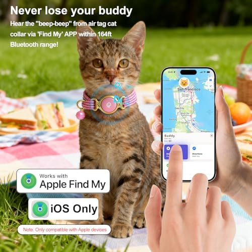 Tracking tag Cat Collar - Compatible with Apple Find My (Tracking tag included), Reflective Line & Bell, Lightweight Tracker Holder for Cats Kittens (Adjustable 9-13"), Pet collar for location tracker