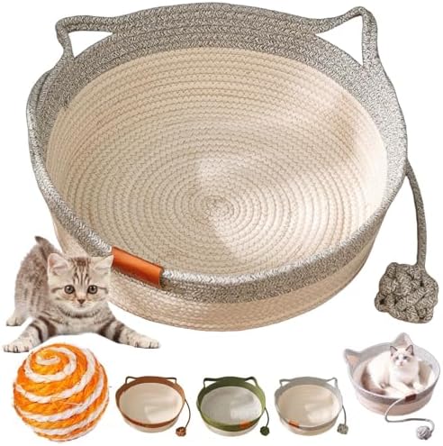 Handwoven Cat Basket with Hanging Ball Toy, Scratchable Cat Lounger Basket for Sleeping, Playing and Relaxing, Cotton Rope Cat Bed Basket with Cat Ear Handles (Gray,S)