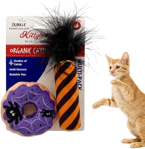 Huxley & Kent Plush Cat Toy - Halloween Interactive Catnip Toy for Cats & Kittens - Soft with Crinkle & Catnip - Fun Indoor Play - Spiderweb Donut & Black Flame 2pk
