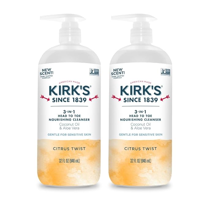 Kirk's 3-in-1 Head to Toe Nourishing Liquid Cleanser- for Men, Women & Children - Premium Coconut Oil & Aloe Vera- Non GMO & Vegan - Citrus Twist - 32 Fl Oz. - 2 Pack