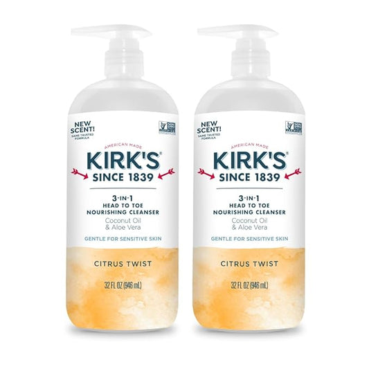 Kirk's 3-in-1 Head to Toe Nourishing Liquid Cleanser- for Men, Women & Children - Premium Coconut Oil & Aloe Vera- Non GMO & Vegan - Citrus Twist - 32 Fl Oz. - 2 Pack
