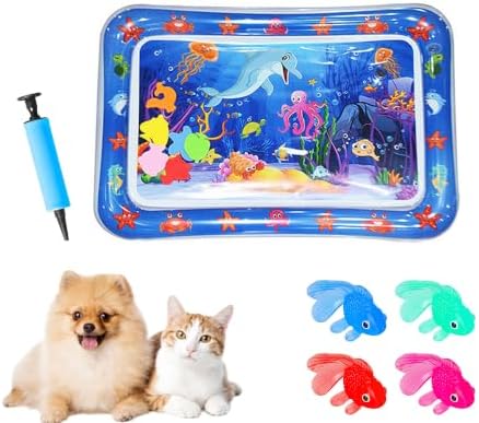 2026 Upgraded Cat Water Mat – 5-Layer Anti-Scratch Leak-Proof Sensory Play Mat for Indoor Cats, BPA-Free Cooling Water Pad, Interactive Enrichment Toy (S1, 65 * 50CM, 4 Fish + Pump Included)