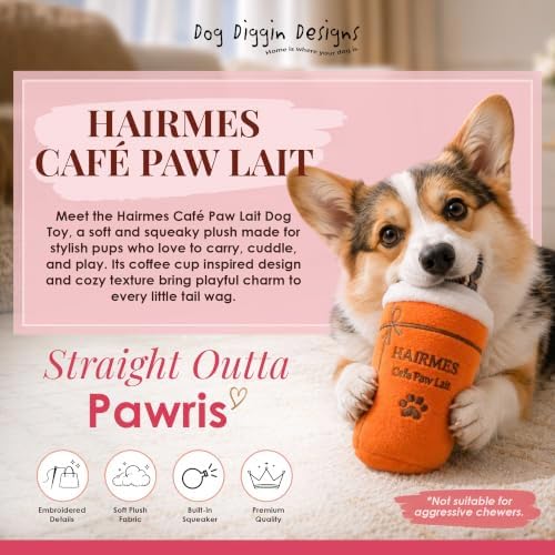 Dog Diggin Designs Hairmes Café Paw Lait Plush Dog Toy – Coffee Cup Squeaky Parody Dog Toy, Soft Fashion Inspired Interactive Pet Toy for Small to Medium Dogs