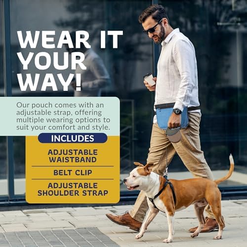 Katziela Expandable Pet Treat Pouch - Hands Free Dog Treat Pouch, Quick Access Magnet Closure - Anti Spill Dog Treat Bag - Treat Pouches for Pet Training, Adjustable Shoulder Strap & Belt Clip (Blue)