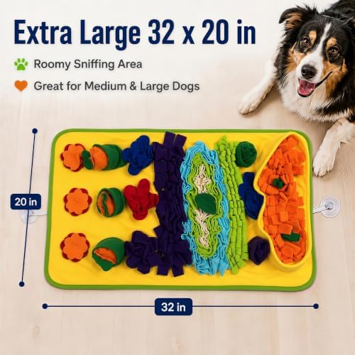 Snuffle Mat for Dogs – Extra Large 32'' x 20'', Washable Slow Feeder Dog Toy, Durable Interactive Dog Puzzle for Mental Stimulation & Nosework Training, with Anti-Slip Suction Cups