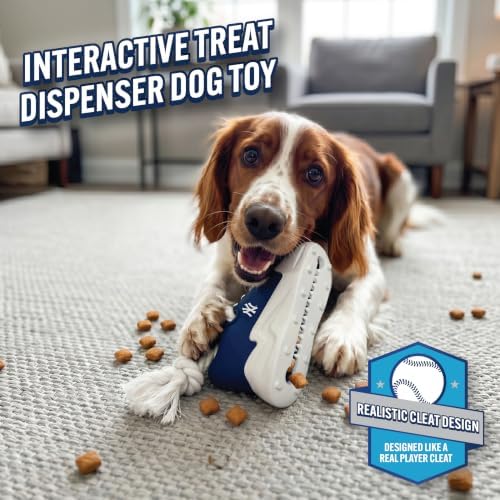 MLB New York Yankees Cleat Sneaker Spike Dog Toy, Baseball Treat Dispenser Chew Toy for Dogs, Interactive Rope Tug Toy, Slow Feeder Natural Rubber Dog Toy with Official Team Logo
